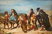 Peinture représentant un groupe d’hommes et de femmes marchant en discutant.