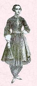 Amelia Bloomer in dem nach ihr benannten Bloomer-Kostüm, aus The Lily, 1851