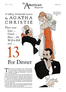 Drawing of a gentleman in a dinner suit twirling his large moustache, illustrating the Christie story "13 for Dinner"