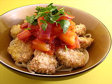 Baked panko crusted pork with pineapple sauce over udon Baked panko crusted pork with pineapple sauce over udon.jpg