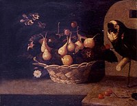 Una canasta de higos, observada por un loro (siglo XVII)