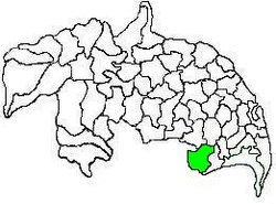 गुंटूर जिले का मंडल मानचित्र बापटला मंडल (हरे रंग में) दिखा रहा है
