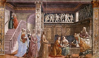 Domenico Ghirlandaio, The Birth of the Virgin Mary, shows the introduction of patron's families into religious cycles. Birth of St Mary in Santa Maria Novella in Firenze by Domenico Ghirlandaio.jpg