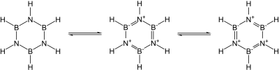 Mesomeric structures of borazine, (-BH-NH-)3 Borazin Mesomers1.svg