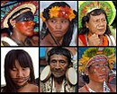 Índios respectivamente das tribos: assurini do xingu, tapirapé, kaiapó, tapirapé, rikbaktsa e bororó