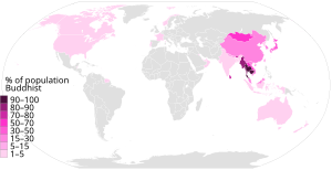 purple Percentage of Buddhists by country, showing high in Burma to low in United States