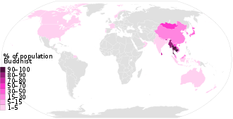 Purple Percentage of Buddhists by country, showing high in Burma to low in United States