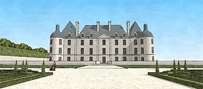 Schéma restituant la vue sur le château de Fay-lès-Nemours, depuis le jardin, au XVIIe siècle
