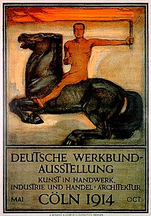 Póster en color. En la parte superior, un hombre desnudo monta a caballo con una antorcha en la mano. Debajo, texto que anuncia una exposición de arte en Colonia en 1914.