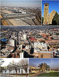 From the top, left to right: O.R Tambo Int'l Airport, St Michael and All Angels Church, Germiston Central Business District, Old Boksburg Magistrates Office, Chris Hani Monument