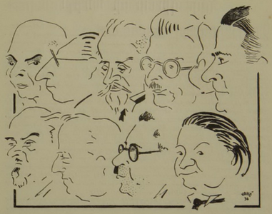 Caricature de presse en noir et blanc de neuf personnes.