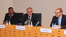 ICC prosecutors Fatou Bensouda and Luis Moreno Ocampo, with Estonia's Minister of Foreign Affairs, Urmas Paet, in 2012 Fatou Bensouda5.jpg