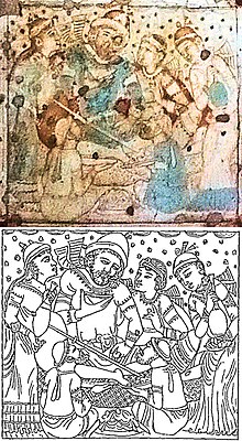 Foreign dignitary drinking wine, on ceiling of Cave 1, at Ajanta Caves, possibly depicting the Sasanian embassy to Indian king Pulakesin II (610-642), photograph and drawing. Foreigner on ceiling of Cave 1at Ajanta Caves photograph and drawing.jpg