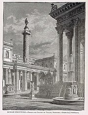 dessin avec au premier plan à gauche, une fontaine ; derrière elle, l'angle d'un bâtiment dont on voit trois colonnes et qui porte une statue équestre ; au fond à gauche, derrière une colonnade, un bâtiment dont émerge une haute colonne décorée.