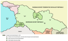 Peta Georgia pada tahun 1922, menunjukkan wilayah otonom Abkhazia, Adjara, dan Ossetia Selatan