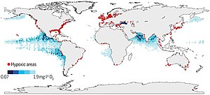Global map of low and declining oxygen levels in the open ocean and coastal waters, 2009. The map indicates coastal sites where anthropogenic nutrients have exacerbated or caused oxygen declines to <2 mg/L (<63 mmol/L) (red dots), as well as ocean oxygen minimum zones at 300 m (blue shaded regions). Global areas of hypoxia.jpg