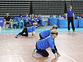 Ukraine women's goalball team preparing to defend against Greece. IBSA World Games, Seoul, South Korea (May 2015).