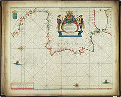 Mapa nàutic d'Espanya (amb França occidental i Marroc del nord), datat 1654. L'est és a dalt en aquest mapa.