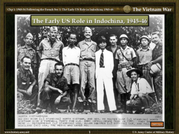 Ho Chi Minh and Vo Nguyen Giap giving a farewell party to the US Army intelligence DEER team (OSS), 1945.