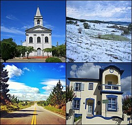 Do topo, em sentido horário: Igreja Matriz Santa Bárbara; Ocorrência de geada na zona rural do município; Estrada; Sobrado Dr. Gastão Gonçalves Lopes.