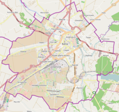 Mapa konturowa Kalisza, blisko centrum na prawo znajduje się punkt z opisem „Zawodzie”