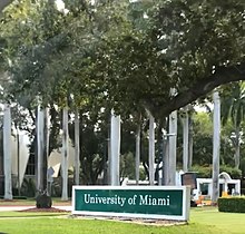 The main gate entrance to the University of Miami campus in May 2022 Main Entrance to the University of Miami.jpg