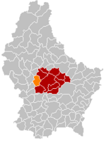 Комуна Беванж-сюр-Аттерт (помаранчевий), кантон Мерш (темно-червоний) та округ Люксембург (темно-сірий) на карті Люксембургу