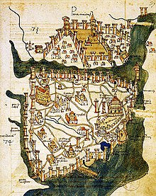 Map of Constantinople (1422) by Florentine cartographer Cristoforo Buondelmonti is the oldest surviving map of the city, and the only one that predates the Turkish conquest of the city in 1453. Map of Constantinople (1422) by Florentine cartographer Cristoforo Buondelmonte.jpg