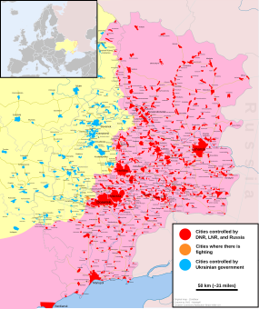 Stav po dobytí Debalceva proruskými separatisty od 20. února 2015:      města ovládaná novoruskými povstalci      města ovládaná ukrajinskou armádou      města probíhajících bojů      největší rozsah povstaleckého území