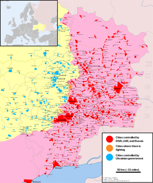 Оновлювана мапа бойових дій на Донбасі:    Територія під контролем РФ, ДНР і ЛНР    Територія під контролем української армії    Україна