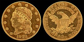 The 1822 Capped Head half eagle (large diameter) is one of only three known for the year NNC-US-1822-G$5-Capped Head (large diameter).jpg