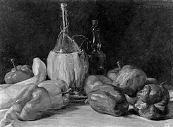 Peperoni con fiasco e bottiglia: Natura morta (Peppers with flask and bottle: still life), 1921