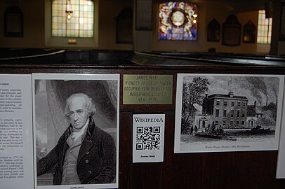 La chiesa di San Paolo ospita numerosi codici QRpedia tra cui ve ne è anche uno posizionato nel banco occupato da James Watt.