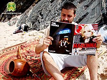 Brazilian singer Rodrigo Sa, holding a copy of Q magazine on whose cover Madonna cover Rodrigo Sa (2465800233 680e42b046).jpg