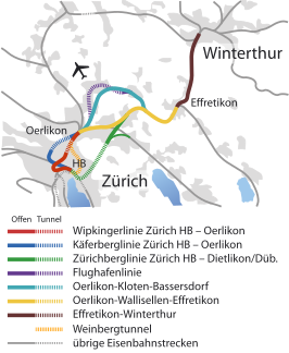 Spoorlijn Zürich - Winterthur op de kaart
