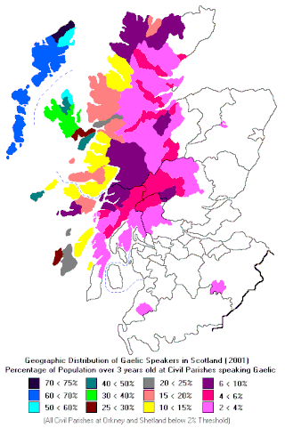 Географска распространетост на шкотскиот јазик во Шкотска.