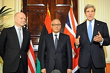 UK Foreign Secretary William Hague with Libyan Prime Minister Ali Zeidan and U.S. Secretary of State John Kerry, November 2013 Secretary Kerry, UK Foreign Secretary Hague Hold News Conference With Libyan Prime Minister Ziedan (11035773394).jpg