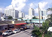 South Beach, view towards east from 15th Street near Washington Avenue with the Loews, St. Morritz and the Royal Palm Hotels in the background.