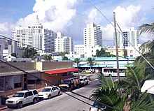 View towards east from 15th Street near Washington Avenue with the Loews, St. Morritz, and the Royal Palm Hotel in the background Southbeachview01.JPG