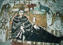 A fresco showing the birth of Jesus, in Faras cathedral Sudan Farras fresco of cathedral 22dez2005.jpg