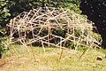 A tensegrity dome made of garden stakes and nylon twine built in the yard of a house, 2009