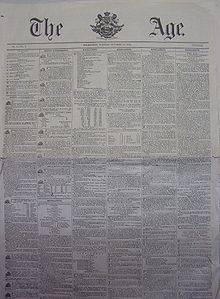 A copy of the first edition of The Age The Age first edition, Melbourne Museum.jpg