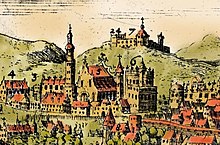 Palace of the Grand Dukes of Lithuania in Vilnius, marked 6, in 1600 Vilenskija zamki. Vilenskiia zamki (T. Makouski, 1600).jpg