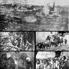 Nahoře: zničené město Erzurum; uprostřed vlevo: Rusové v bitvě u Sarikamiše; uprostřed vpravo: osmanské jednotky; vlevo dole: muslimští uprchlíci; vpravo dole: arménští uprchlíci