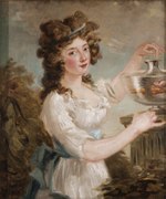 Tableau d'un jeune femme nourrissant des poissons dans un vase à pieds en verre