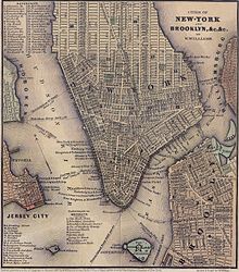 1847 map showing the street layout and ferry routes for lower Manhattan 1847 Lower Manhattan map.jpg