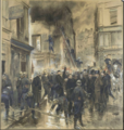 1894-04-28 "Victimes-du-devoir" sketch of a painting by Edouard Detaille which represents an intervention by the firefighters of Paris at the time of the reorganization of A.C. KREBS. The Durenne & Krebs pump is visible in the background. [33]