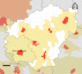 Localisation de l'aire d'attraction de Brive-la-Gaillarde dans le département de la Corrèze.