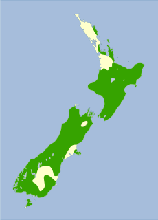Mapa Nového Zélandu s areálem rozšíření (zeleně)