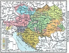 Mapa de etnográfico de 1911 do Imperio austrohúngaro, cos rutenos en verde claro